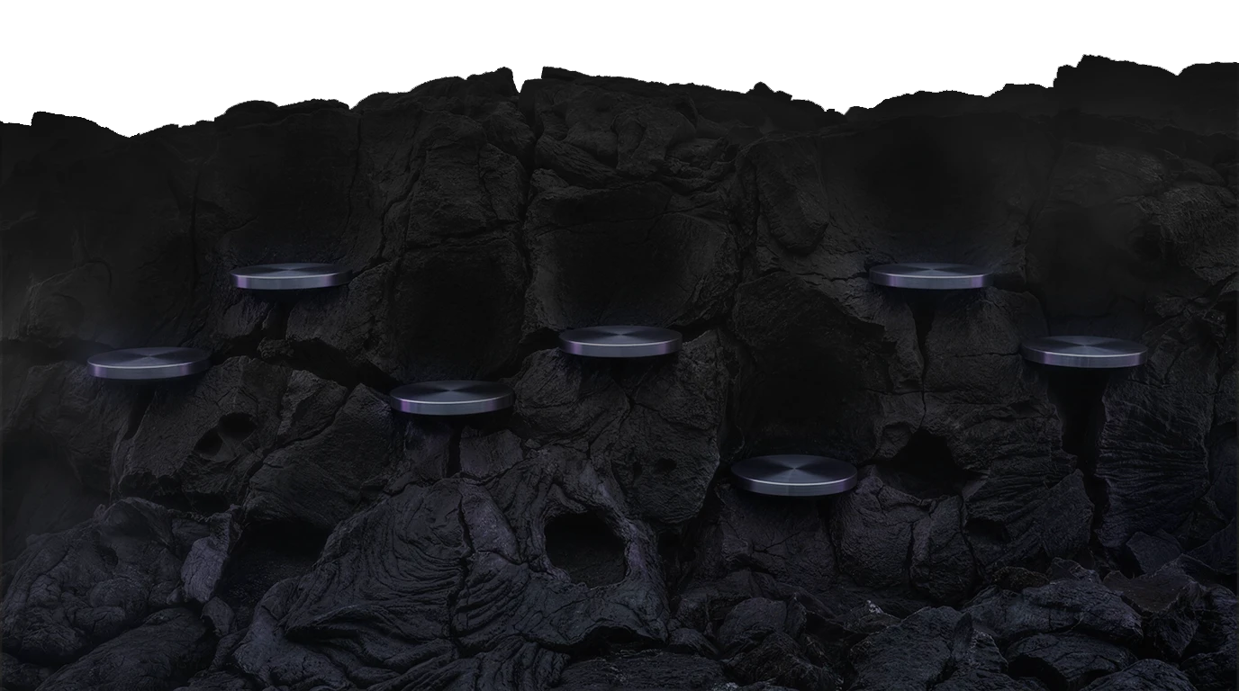 Volcanic rock face with brushed titanium shelves
